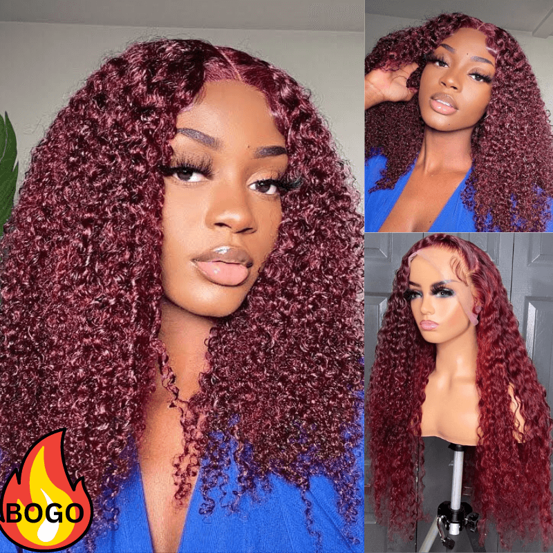 Bogo Sunber Jerry Curly 99j Red Burgundy Lace Closure Wig 180 Density 7707