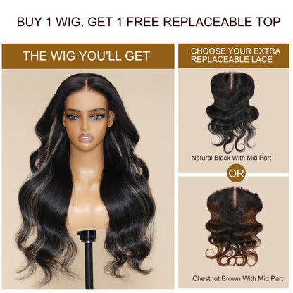 Flash Sale Sunber Chocolate Brown With Peek A Boo Blonde Highlights  Magic Lace Wig Buy 1 Get 1 Free Replaceable Top