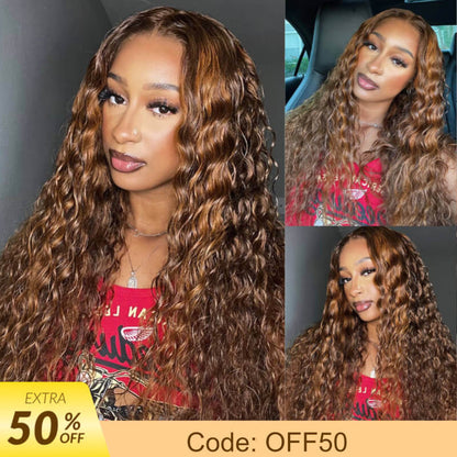 Extra 50% OFF | Sunber Piano Brown Highlight 13 By 4 Pre-Everything Lace Frontal Wigs Water Wave Human Hair