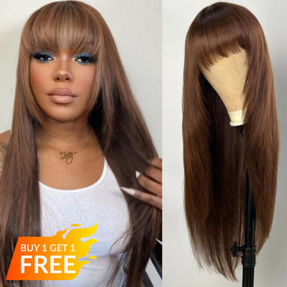 BOGO Sunber Chocolate Brown Layer Cut Straight Glueless Wigs Affordable Human Hair Wigs