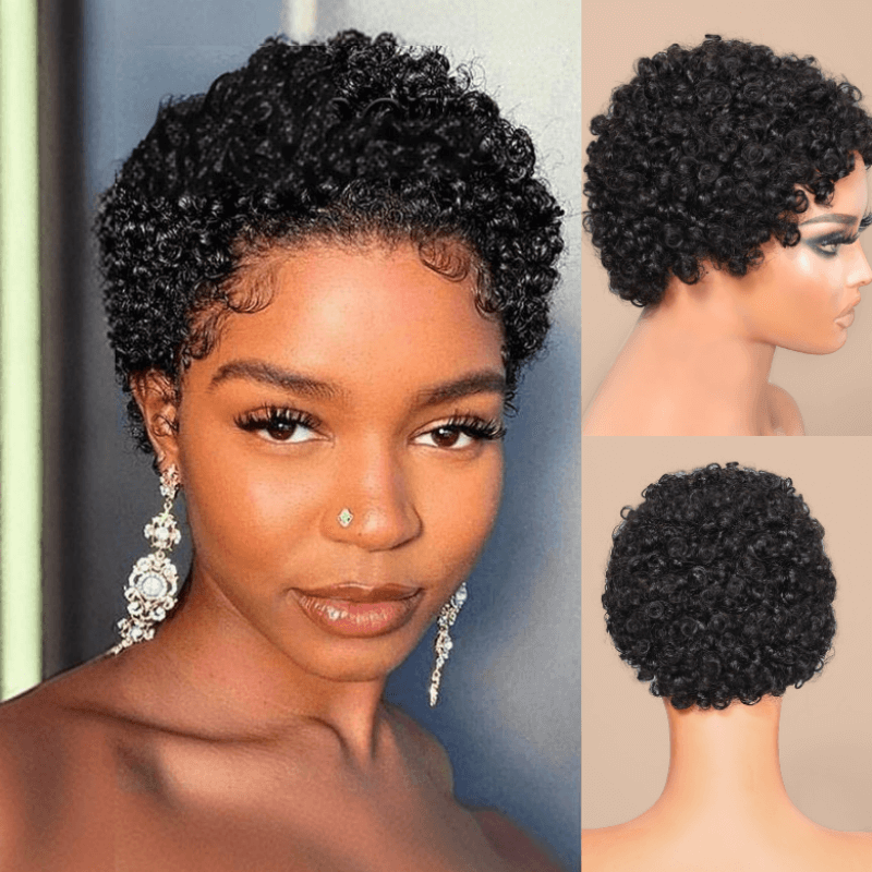 Flash Sale Sunber Afro Short Curly Human Hair Full and Fluffy Pixie Cut Bob Natural Looking Glueless Wig