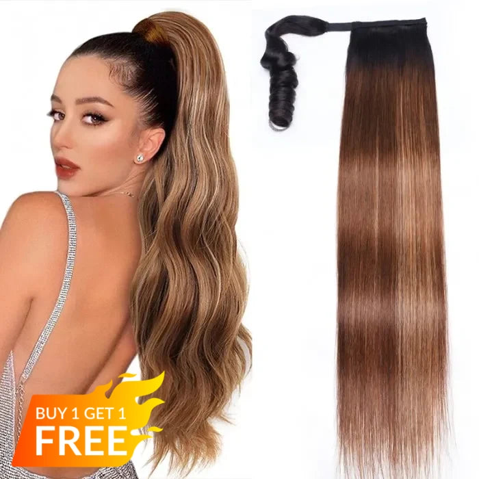 BOGO Sunber 22 inch 1B/412 Brown Ombre Clip in Straight Ponytails Hair Extensions Wrap Around Ponytail Braids