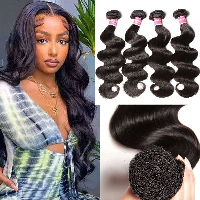 Sunber Natural Black Body Wave Straight 4 Bundles Human Hair Weave