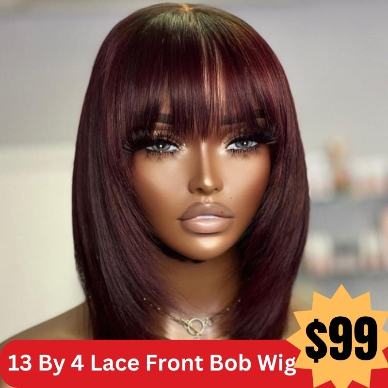 Sunber Burgundy 13 By 4 Lace Front Layered Haircut Bob Wig With Bangs Flash Sale