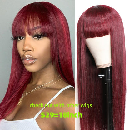 Sunber 99J Wine Red Silk Straight Human Hair Wig with Bangs Flash Sale New Customer Exclusisve