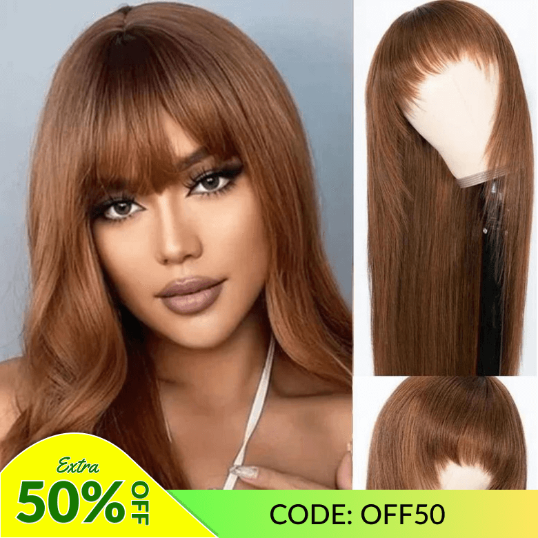 Extra 50% Off | Mocha Brown Layer Cut Straight Glueless Wigs With Bangs Affordable Human Hair Wigs