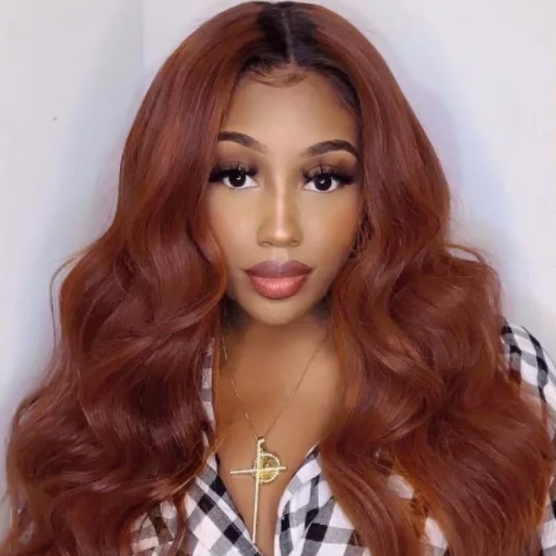 Flash Sale Reddish Brown Body Wave V part  Dark Roots  Glueless wig