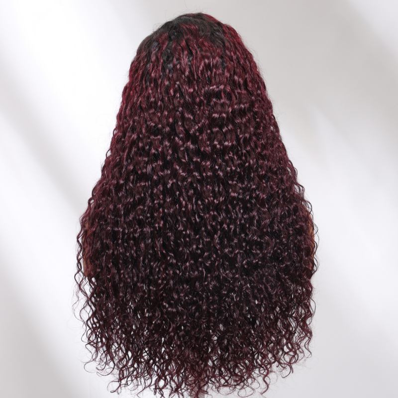 Sunber Water Wave 13 By 4 Pre Everything Lace Frontal Burgundy Wig With Dark Roots Dark Plum Hair