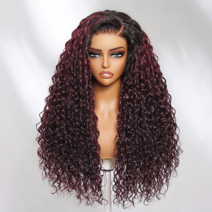 Sunber Water Wave 13 By 4 Pre Everything Lace Frontal Burgundy Wig With Dark Roots Dark Plum Hair