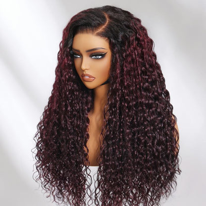 Sunber Water Wave 13 By 4 Pre Everything Lace Frontal Burgundy Wig With Dark Roots Dark Plum Hair