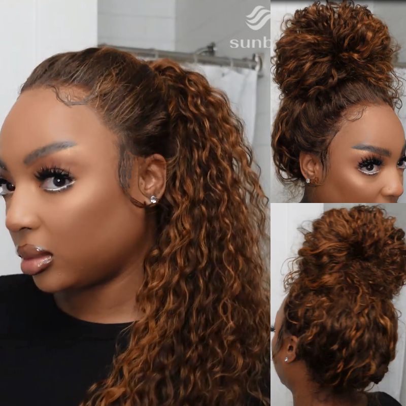 Sunber Piano Brown Highlight Big Curly 13*4 Lace Frontal Wigs Balayage Water Wave Human Hair