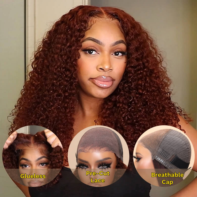 Flash Sale Sunber Reddish Brown Jerry Curly 7×5 Pre Cut Upgrade Bye Bye Knots Human Hair Wigs