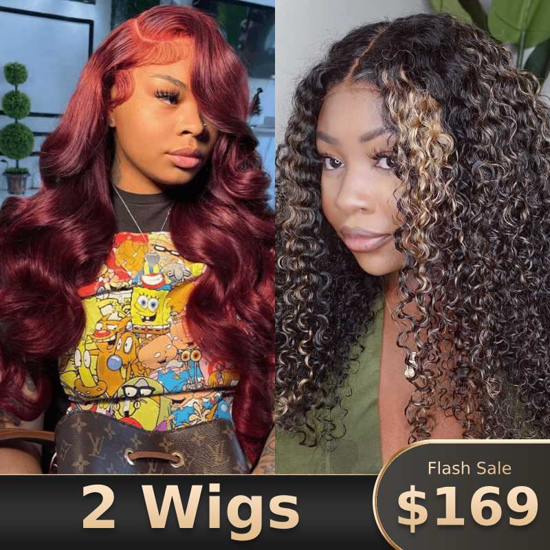 $169=2 Wigs|13x4 Lace Front 99J Body Wave  Wigs And Highlight Kinky Curly 13*4 Lace Front Wig Flash Sale