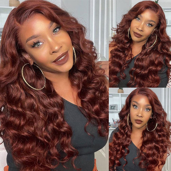 Sunber Pre Cut Lace Reddish Brown Body Wave Wigs Pre Plucked Human Hair Colored Wigs