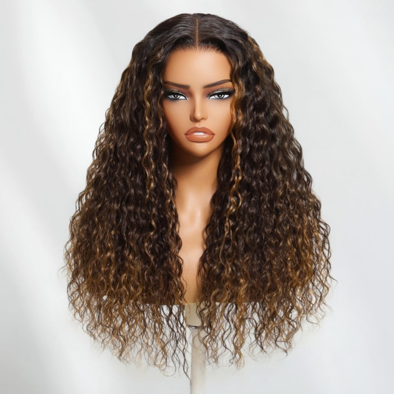 Flash Sale Sunber Espresso Brown Hair With Caramel Highlights Big Curly 7*5 Pre Cut Lace Wigs 180% Density Water Wave Human Hair