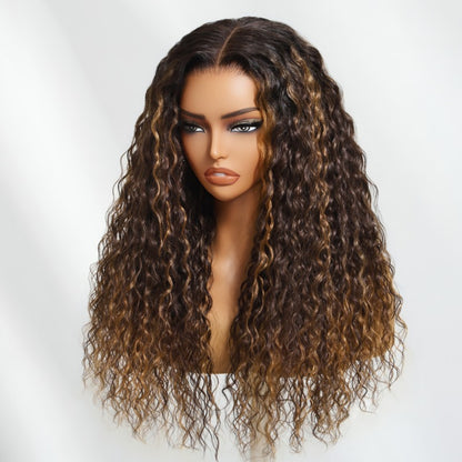 Flash Sale Sunber Espresso Brown Hair With Caramel Highlights Big Curly 7*5 Pre Cut Lace Wigs 180% Density Water Wave Human Hair