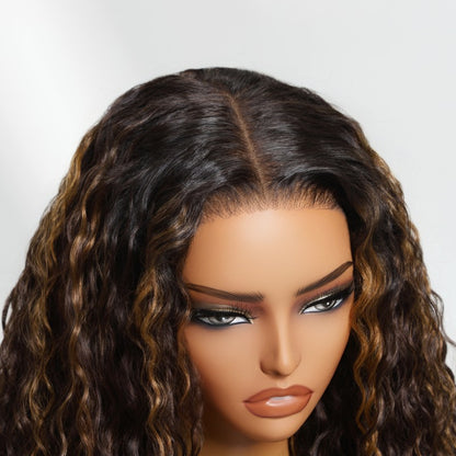 Flash Sale Sunber Espresso Brown Hair With Caramel Highlights Big Curly 7*5 Pre Cut Lace Wigs 180% Density Water Wave Human Hair