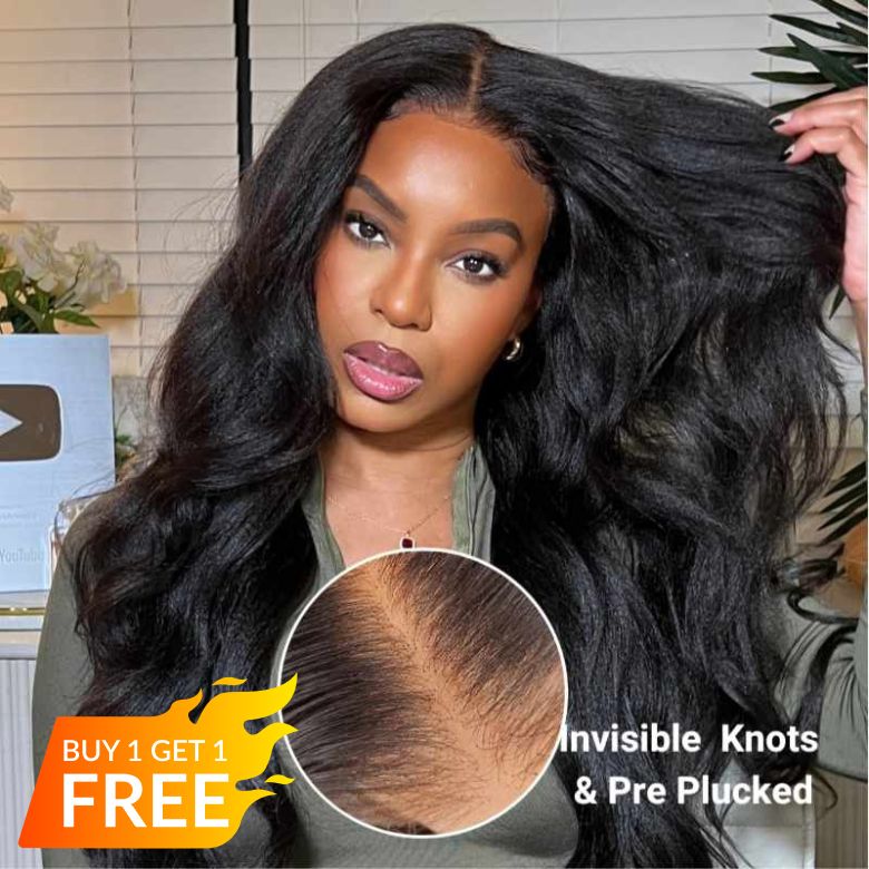 BOGO Sunber Yaki Straight Glueless Pre-cut 7x5 Bye Bye Knots Lace Closure Wig With Bleach Knots