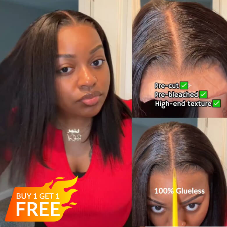 BOGO Sunber Yaki Straight Blunt Cut Bob Glueless 7*5 Pre-cut Lace Closure Wig And Breathable Cap