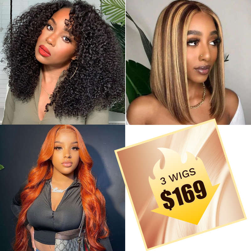 $169=3 Wigs|Honey Blonde Highlights Bob Lace Wig+Ginger Orange Body Wave 13x4 Lace Wig+Glueless Curly U Part Wig Flash Sale