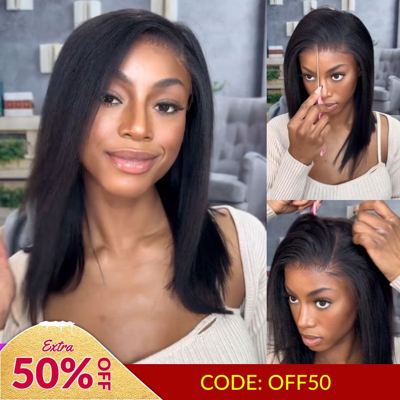 Extra 50% OFF | Sunber Yaki Straight Blunt Cut Short Bob 7x5 Pre-Cut Lace Wig Human hair