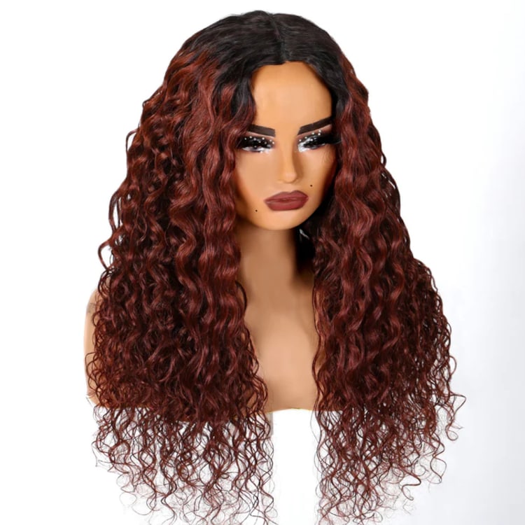 Flash Sale Reddish Brown Water Wave Put on and go pre cut lace wigs Pre-Plucked