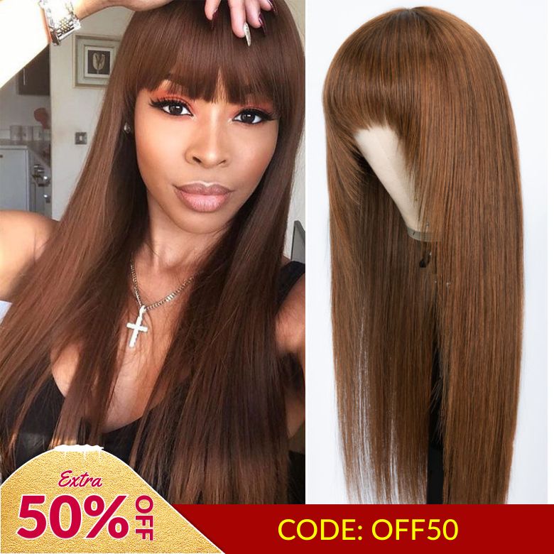 Extra 50% OFF | Sunber Chocolate Brown Layer Cut Straight Glueless Wigs With Bangs Affordable Human Hair Wigs