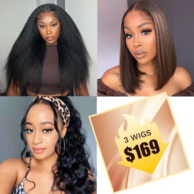 $169=3 Wigs|13x4 Blonde Faux Highlights Bob Wigs+13x4 Kinky Straight Lace Wig+Headband Body Wave Wig Flash Sale