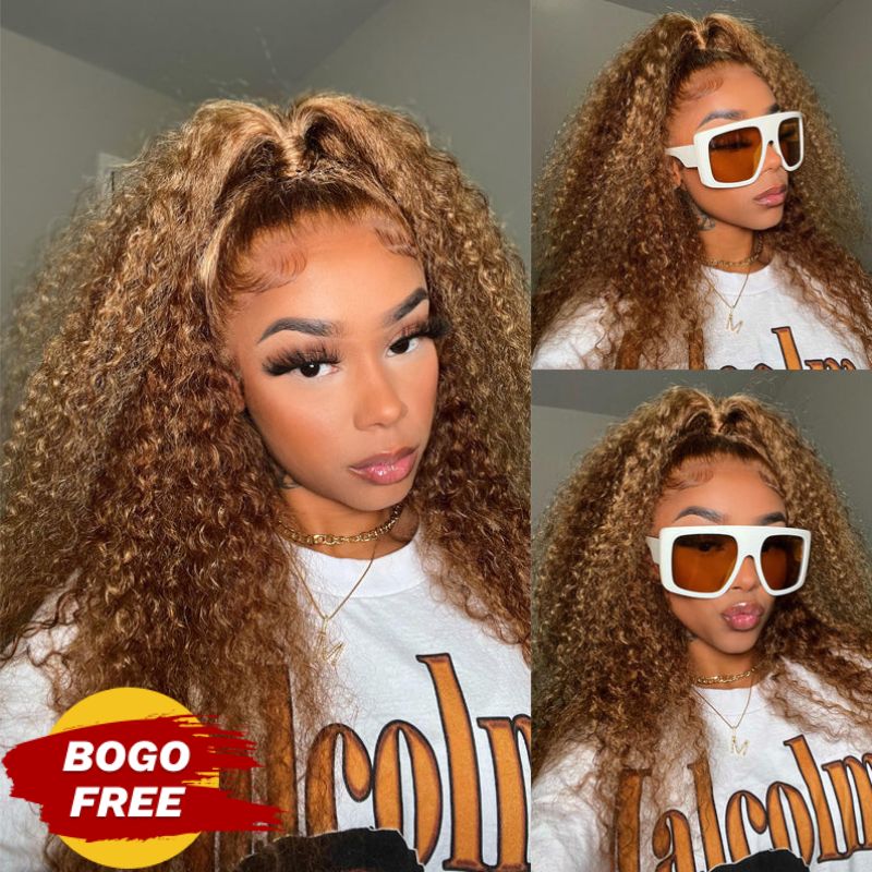 BOGO Sunber Jerry Curly Ombre Honey Blonde Highlight Lace Frontal Wigs