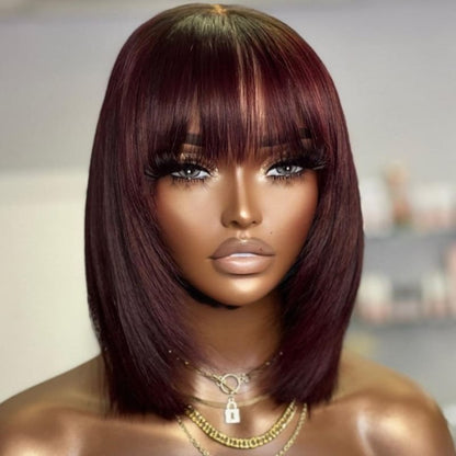 Sunber Burgundy 13 By 4 Lace Front Layered Haircut Bob Wig With Bangs Flash Sale