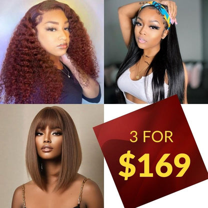 $169=3 Wigs|13x4 Lace Wigs+Straight Headband Wig+Chocolate Brown Bob Wig With Bangs Flash Sale