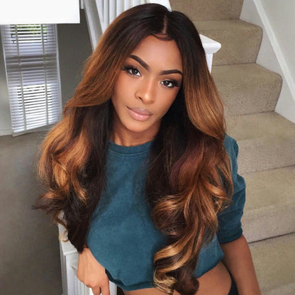 Sunber Toasted Caramel Brown Body Wave 13x4 Lace Front Human Hair Wig With Dark Roots Flash Sale