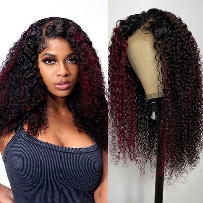 Flash Sale Sunber 180% Density 13x4 Lace Front Dark Burgundy With Rose Red Highlights Curly Wig