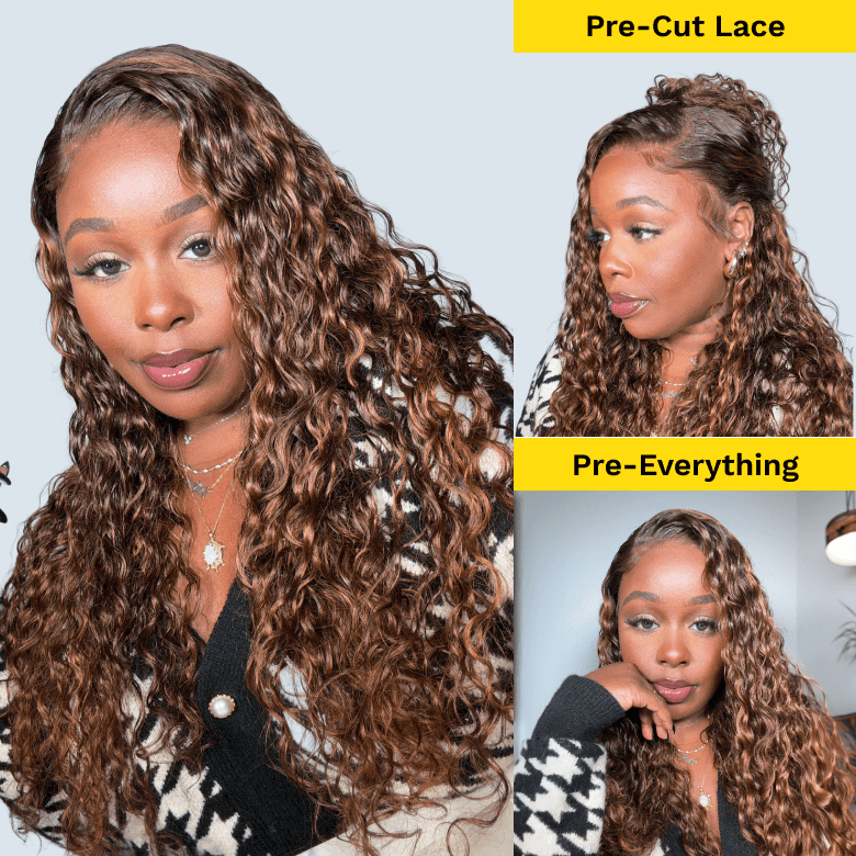 Sunber Piano Brown Highlight Big Curly 13*4 Lace Frontal Wigs Balayage Water Wave Human Hair