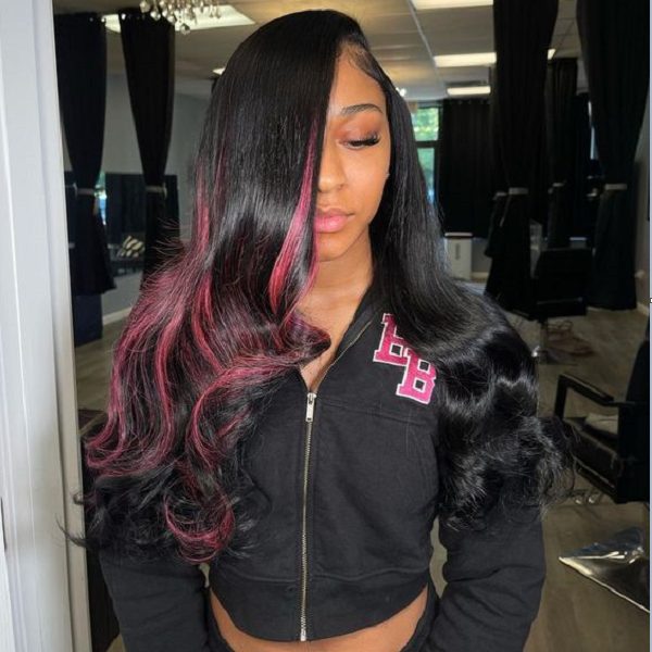 Sunber 13x4 Lace Frontal Black With Pink Highlights Pink Striped Body Wave Flash Sale