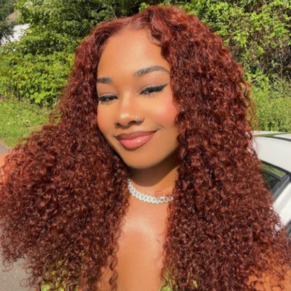 Flash Sale Sunber 250% Density Reddish Brown Jerry Curly 7×5 Pre Cut Upgrade Bye Bye Knots 4x4 Lace Wigs