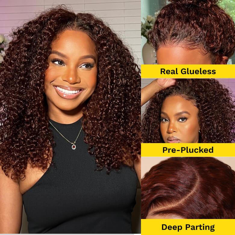 Flash Sale Sunber Reddish Brown Jerry Curly 7×5 Pre Cut Upgrade Bye Bye Knots Human Hair Wigs