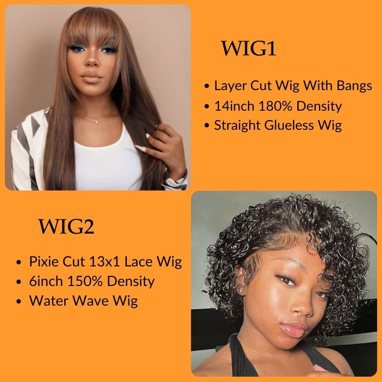 $99=2Wigs| 14Inch 180% Density Glueless Wig With Bangs| 6inch Pixie Cut LaceBob Wig Flash Sale