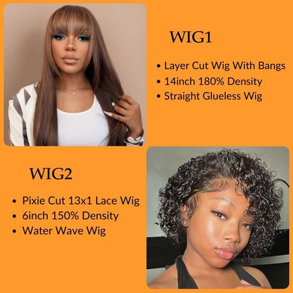 $99=2Wigs| 14Inch 180% Density Glueless Wig With Bangs| 6inch Pixie Cut LaceBob Wig Flash Sale