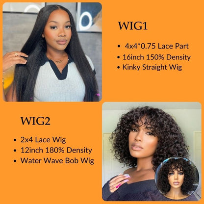 $99=2Wigs| 14Inch 180% Density Glueless Wig With Bangs| 6inch Pixie Cut LaceBob Wig Flash Sale