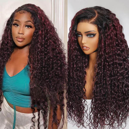 Sunber Water Wave 13 By 4 Pre Everything Lace Frontal Burgundy Wig With Dark Roots Dark Plum Hair