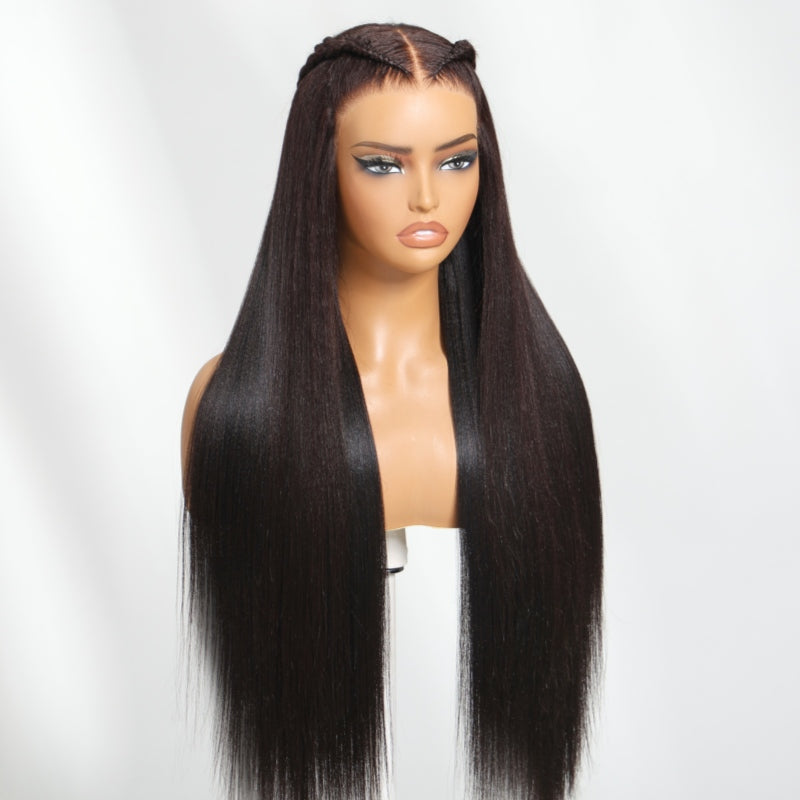 Sunber Yaki Straight Pull &amp; Go Glueless Pre-cut 7x5 Bye Bye Knots Lace Wig With Bleach Knots