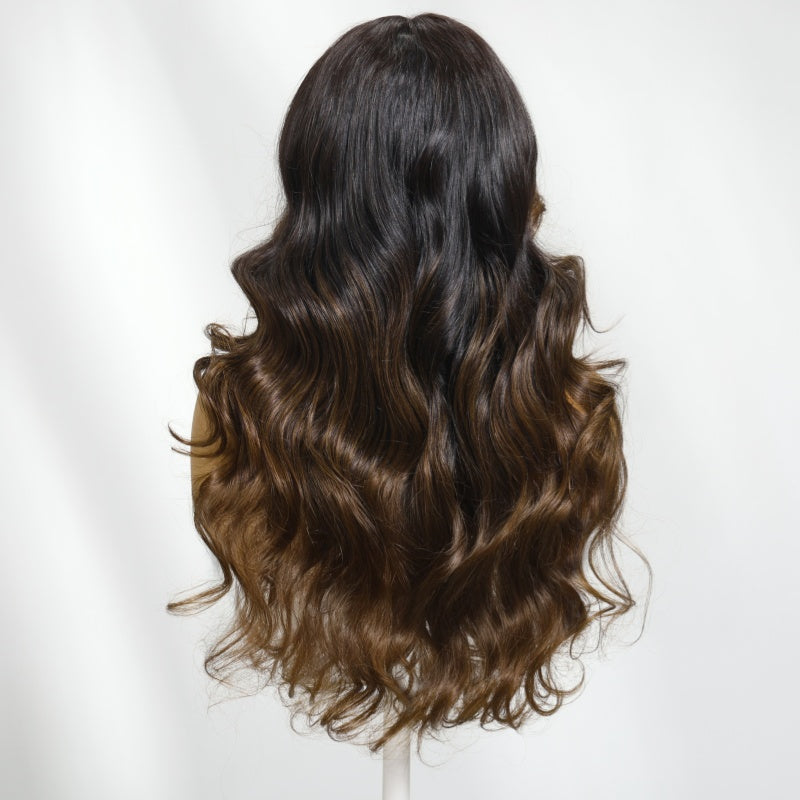 Sunber Bye Bye Knots Wig 7x5 Glueless Lace Black to Chestnut Brown Ombre Loose Wave Wig With Bleached Knots