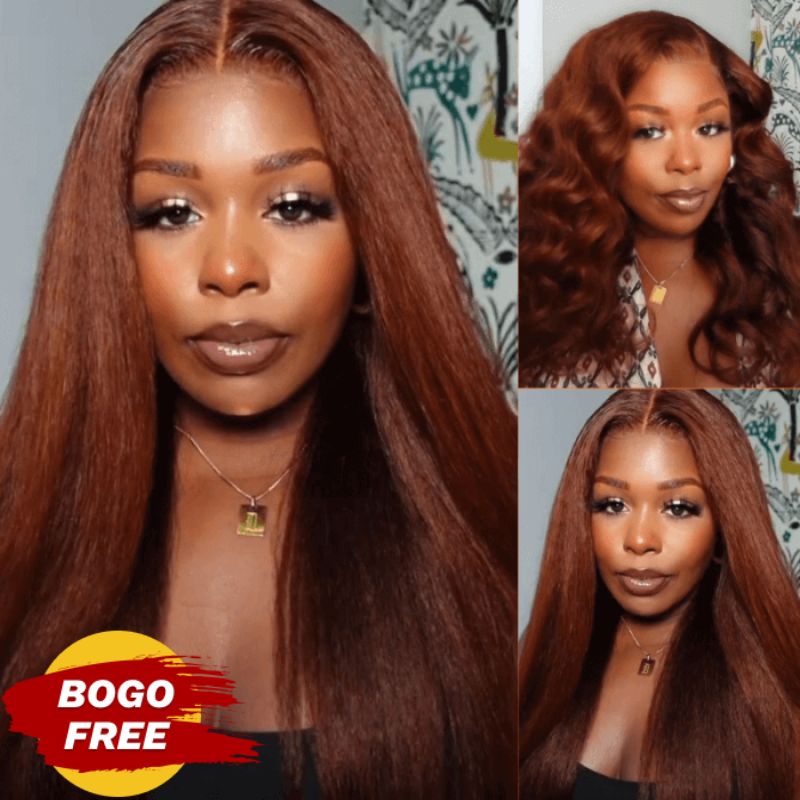 BOGO Sunber Kinky Straight Reddish Brown Lace Front Wig Dark Auburn Copper Color Human Hair Wigs