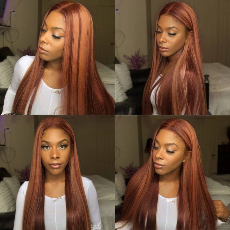 Flash Sale Sunber Kinky Straight Ginger Copper Red Highlight 13x4 Pre Everything Lace Front Wigs