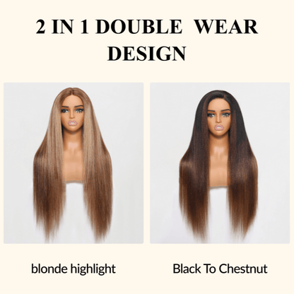 Sunber Flip &amp; Go yaki straight honey blonde highlights/ black to chestnut brown ombre Lace Wig