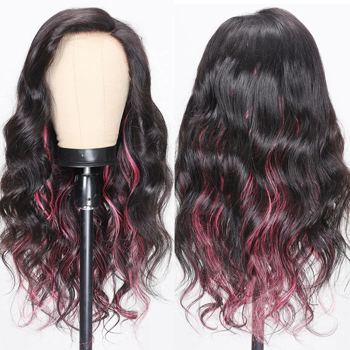Sunber 13x4 Lace Frontal Black With Pink Highlights Pink Striped Body Wave Flash Sale