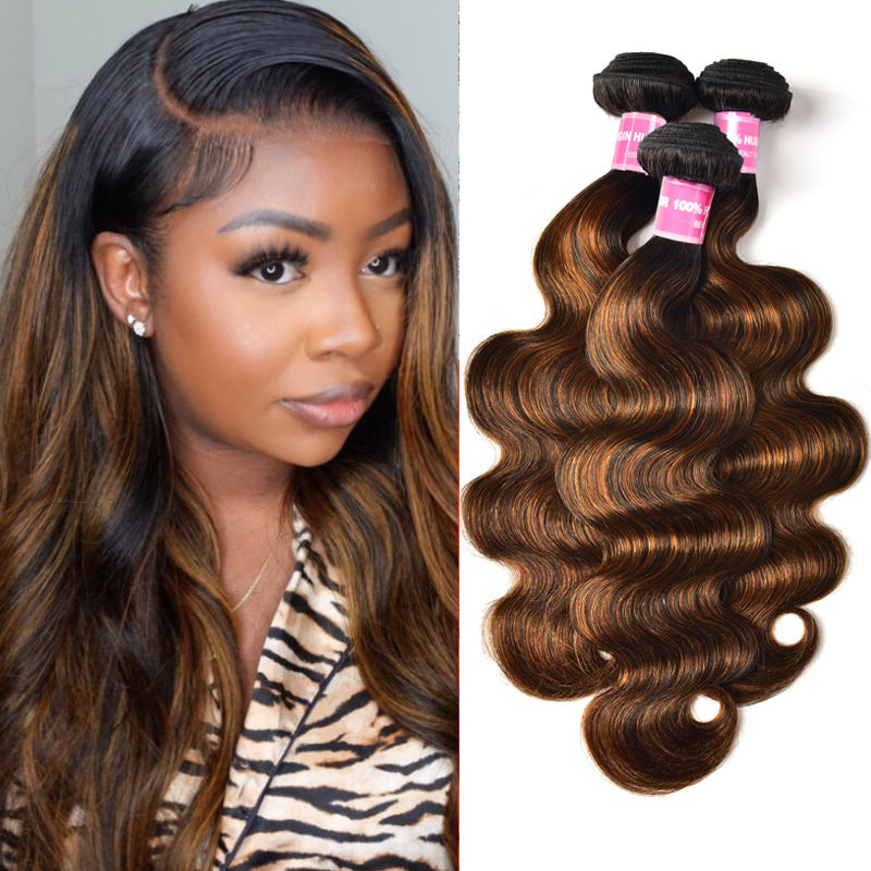 Sunber  Highlight Balayage Color Body Wave 3 Bundles Weaves with 4x4 Lace Closure Virgin Human Hair