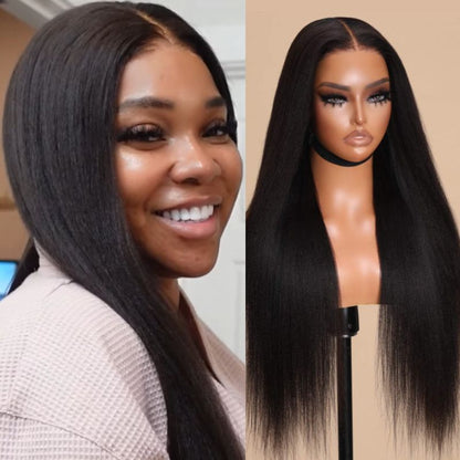 BOGO Sunber Yaki Straight Glueless Pre-cut 7x5 Bye Bye Knots Lace Closure Wig With Bleach Knots