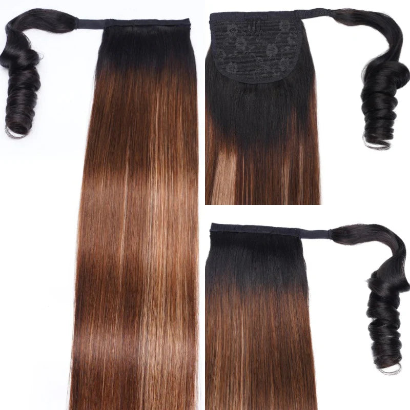 BOGO Sunber 22 inch 1B/412 Brown Ombre Clip in Straight Ponytails Hair Extensions Wrap Around Ponytail Braids